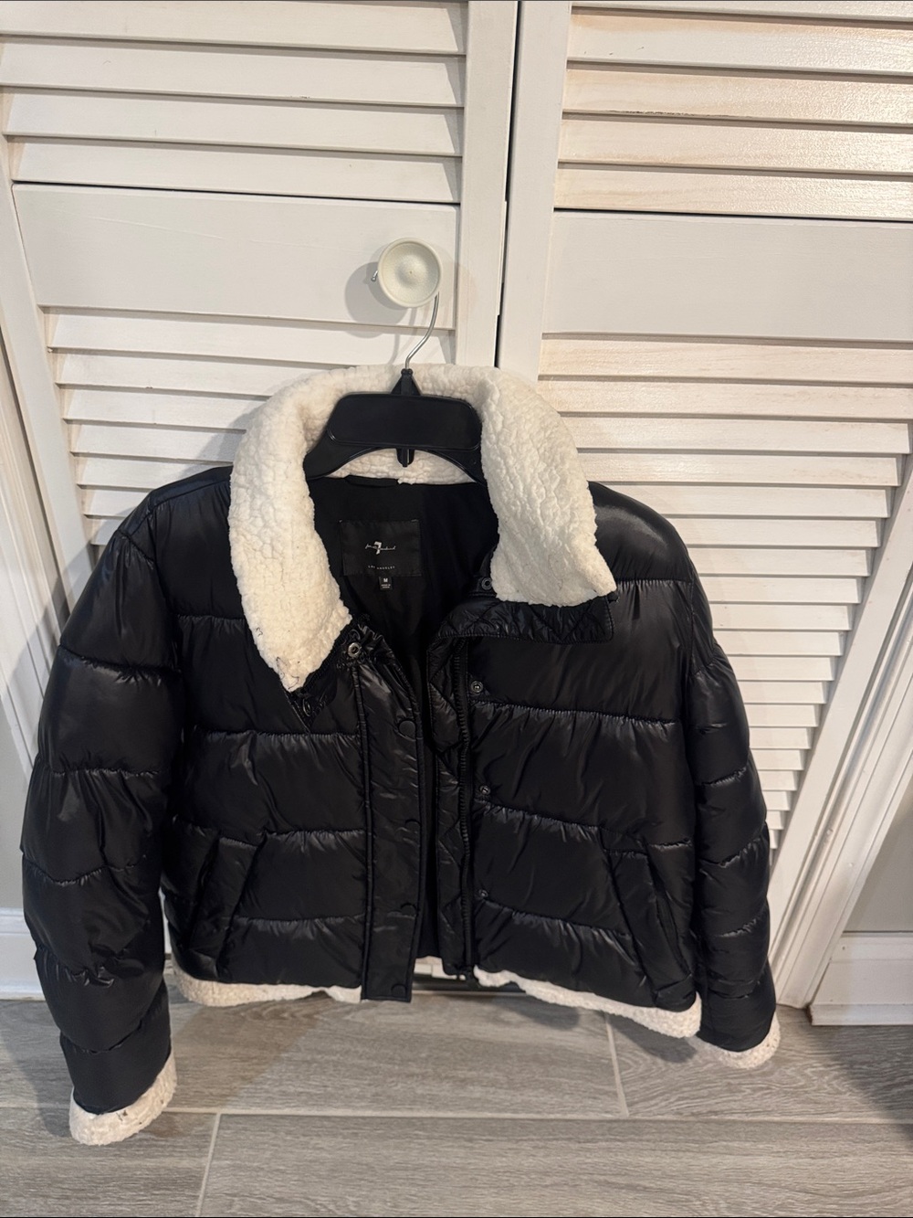 7 For All Mankind Black Puffer Jacket with White Sherpa Trim